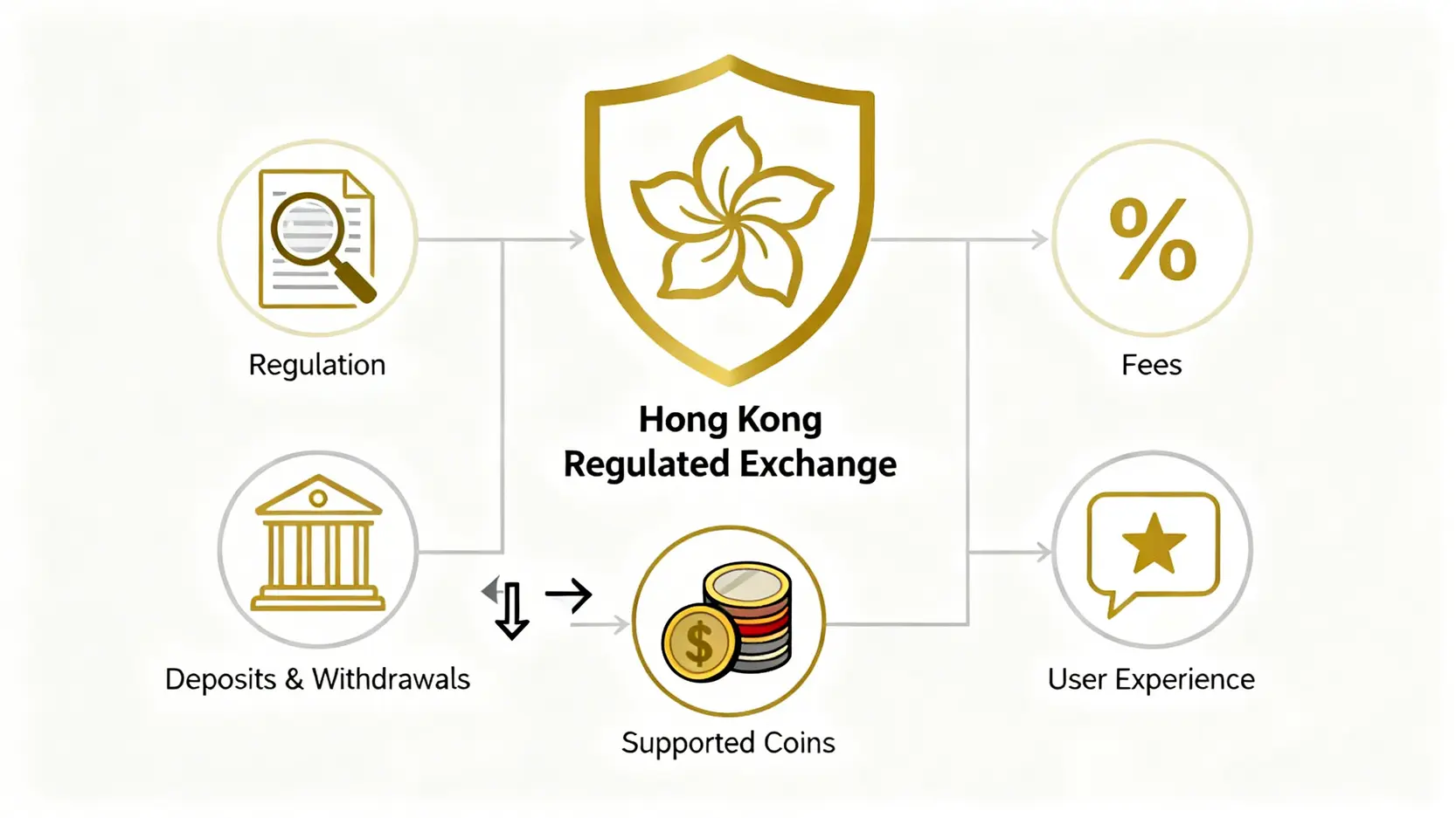 挑選香港虛擬貨幣交易所的五大關鍵指標示意圖，包含監管、手續費、出入金、支援幣種和用戶體驗。