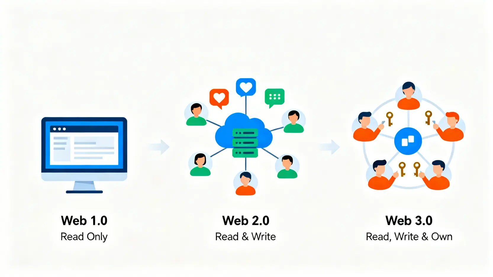 一張圖解Web1.0、Web2.0到Web3.0的互聯網演進過程，展示從唯讀到讀寫，再到用戶擁有數據的轉變。