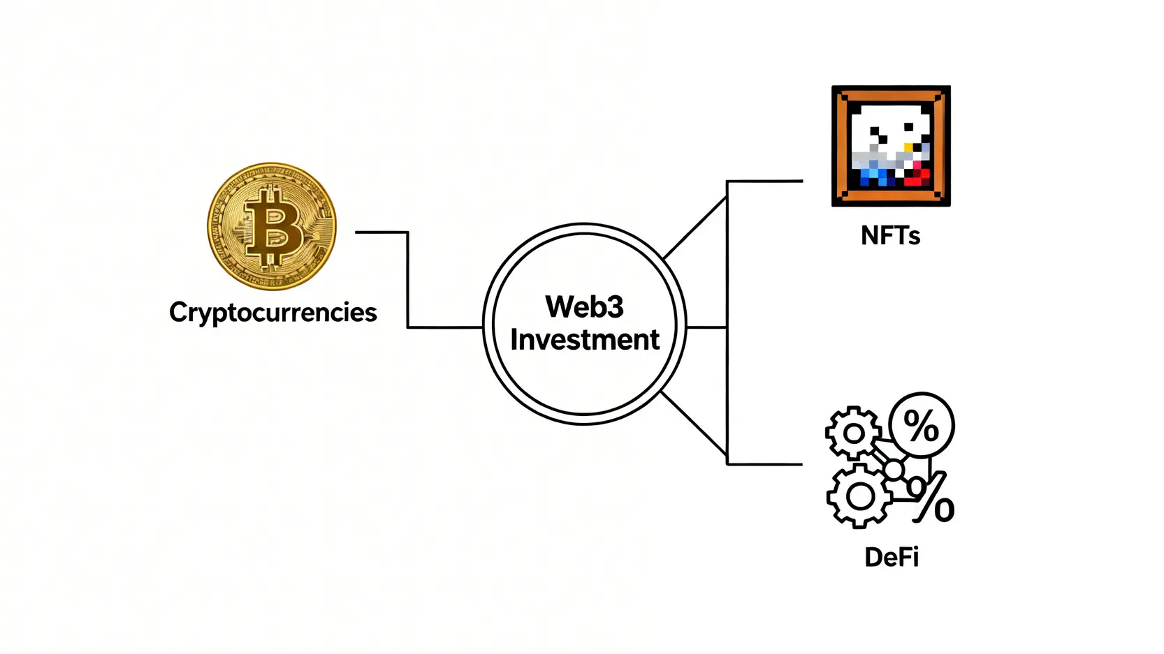 投資Web3的三大主流方法示意圖，分別指向加密貨幣、NFT和去中心化金融(DeFi)。