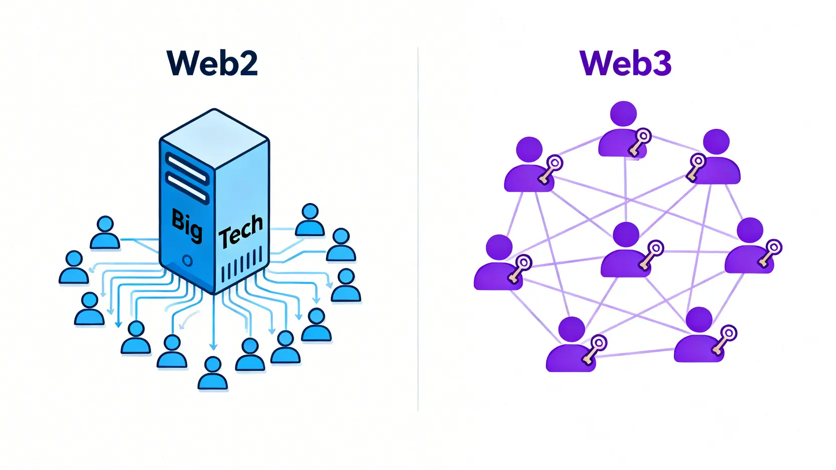 Web2 与 Web3 的架构对比图，显示了中心化服务器与去中心化网络的区别。