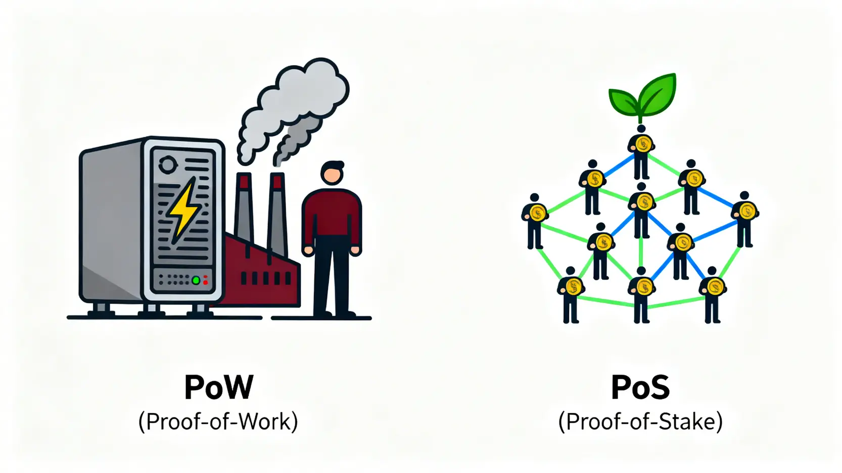 工作量证明 PoW 与权益证明 PoS 的对比图，展示了 PoS 在能源效率和去中心化方面的优势。