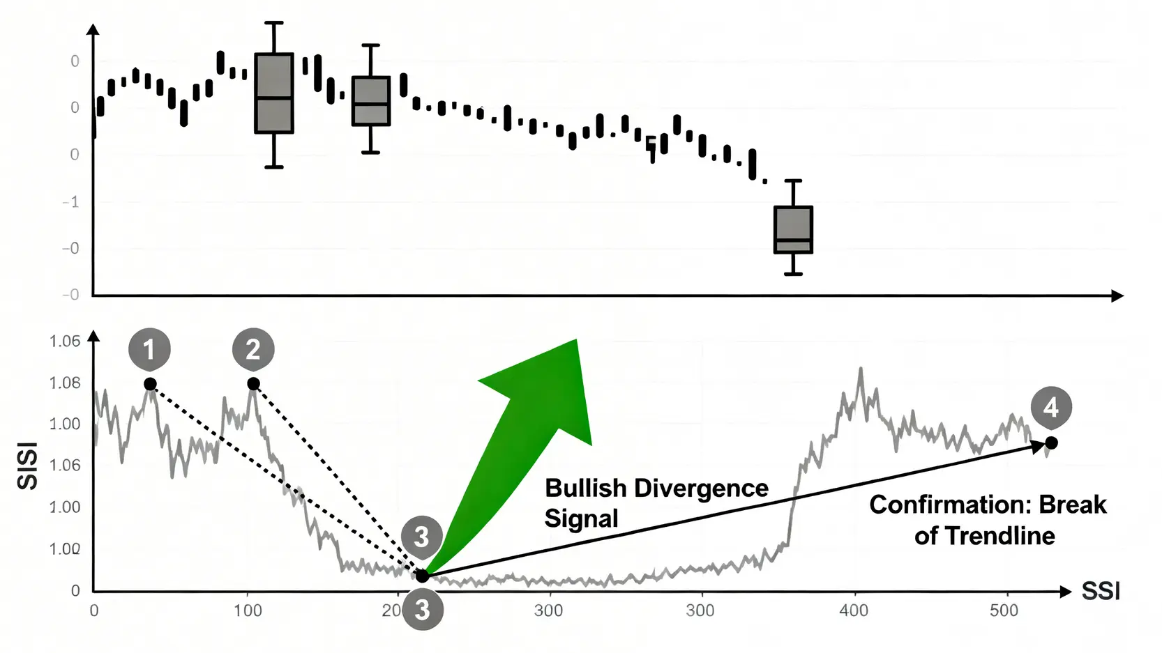 使用RSI指標找出牛市背馳信號的四個步驟圖解，包含找出價格低點、對應RSI低點、判斷背離並等待確認。