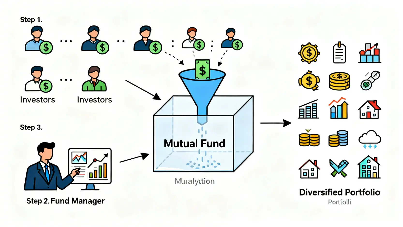 基金运作原理示意图，展示投资者将资金交给基金经理，再由经理投资于股票和债券等多元化资产的流程。