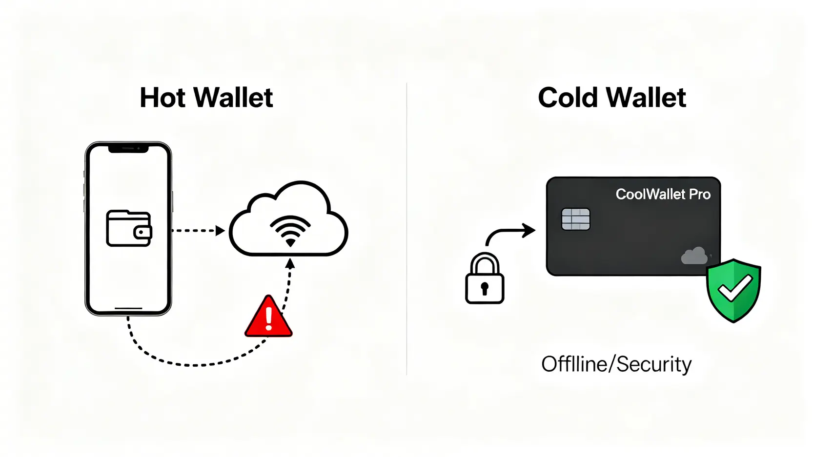 热钱包与冷钱包的安全性对比图,显示热钱包连网风险高,而CoolWallet Pro等冷钱包离线储存私钥安全性高。