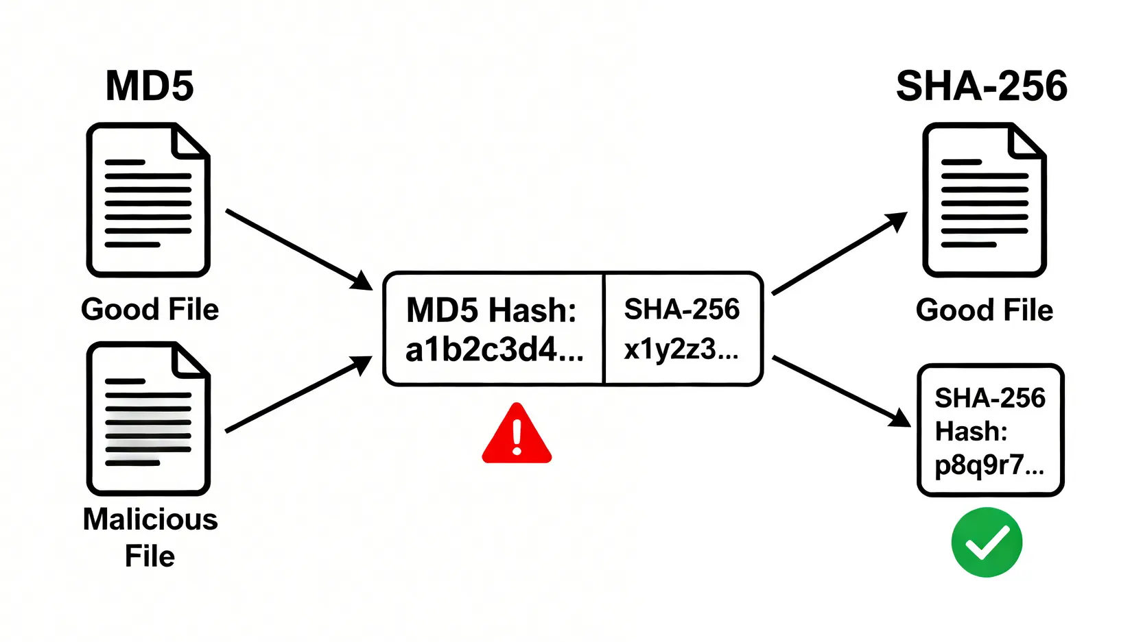 MD5与SHA-256的碰撞攻击风险比较图，显示两个不同文件可能产生相同MD5值，但会产生不同的SHA-256值。