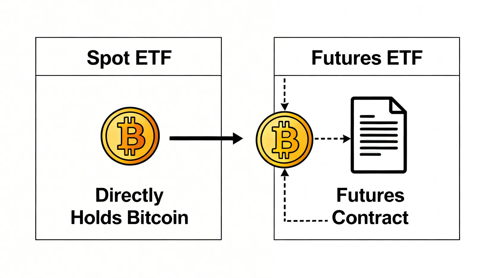 現貨ETF與期貨ETF的區別對比圖，展示現貨ETF直接持有比特幣而期貨ETF持有期貨合約。