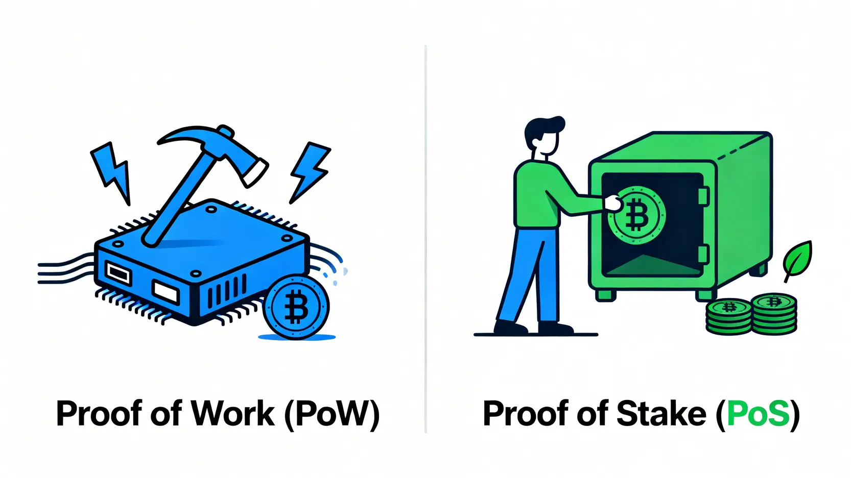 工作量证明 (PoW) 与权益证明 (PoS) 的对比图，显示 PoW 依赖算力挖矿，而 PoS 依赖质押资产。