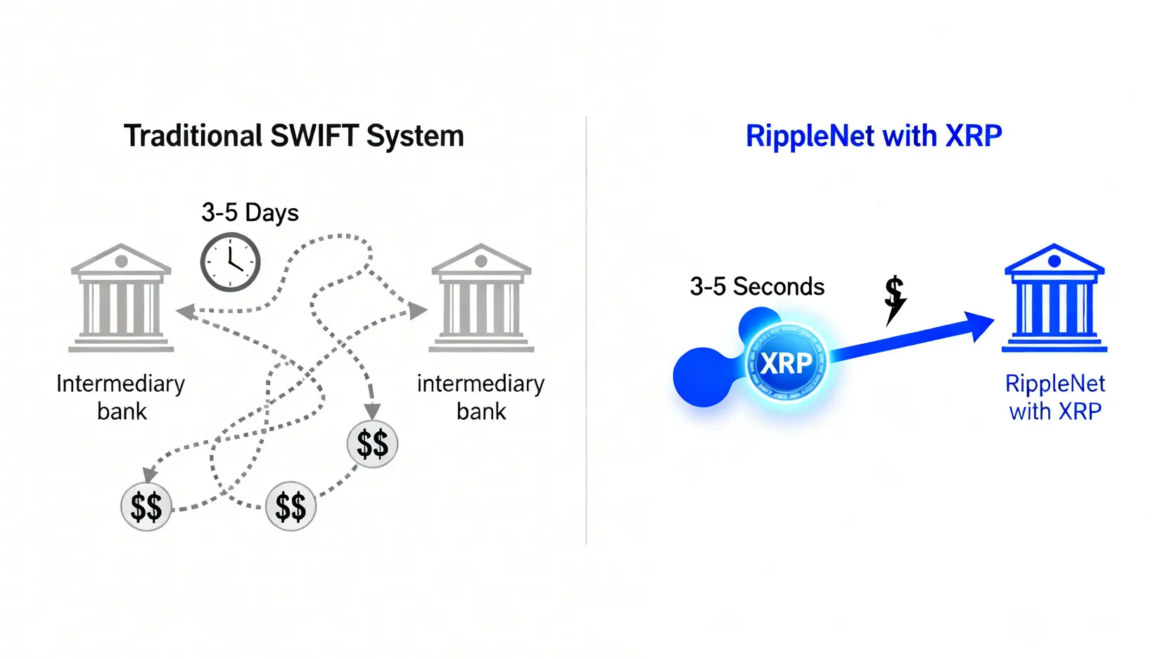 传统 SWIFT 系统与 RippleNet 支付网络的对比图,显示 SWIFT 耗时 3-5 天且费用高昂,而 RippleNet 只需 3-5 秒且成本极低。