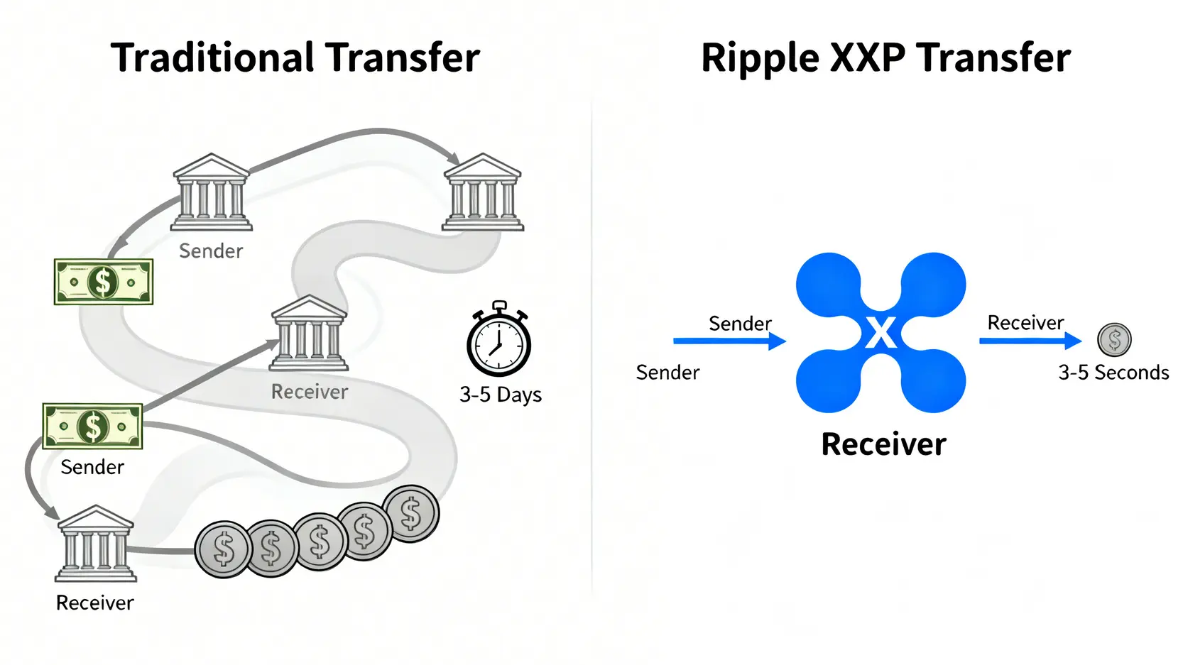 傳統跨境匯款與瑞波幣（XRP）支付流程的對比圖，突顯 XRP 在速度和成本上的優勢。