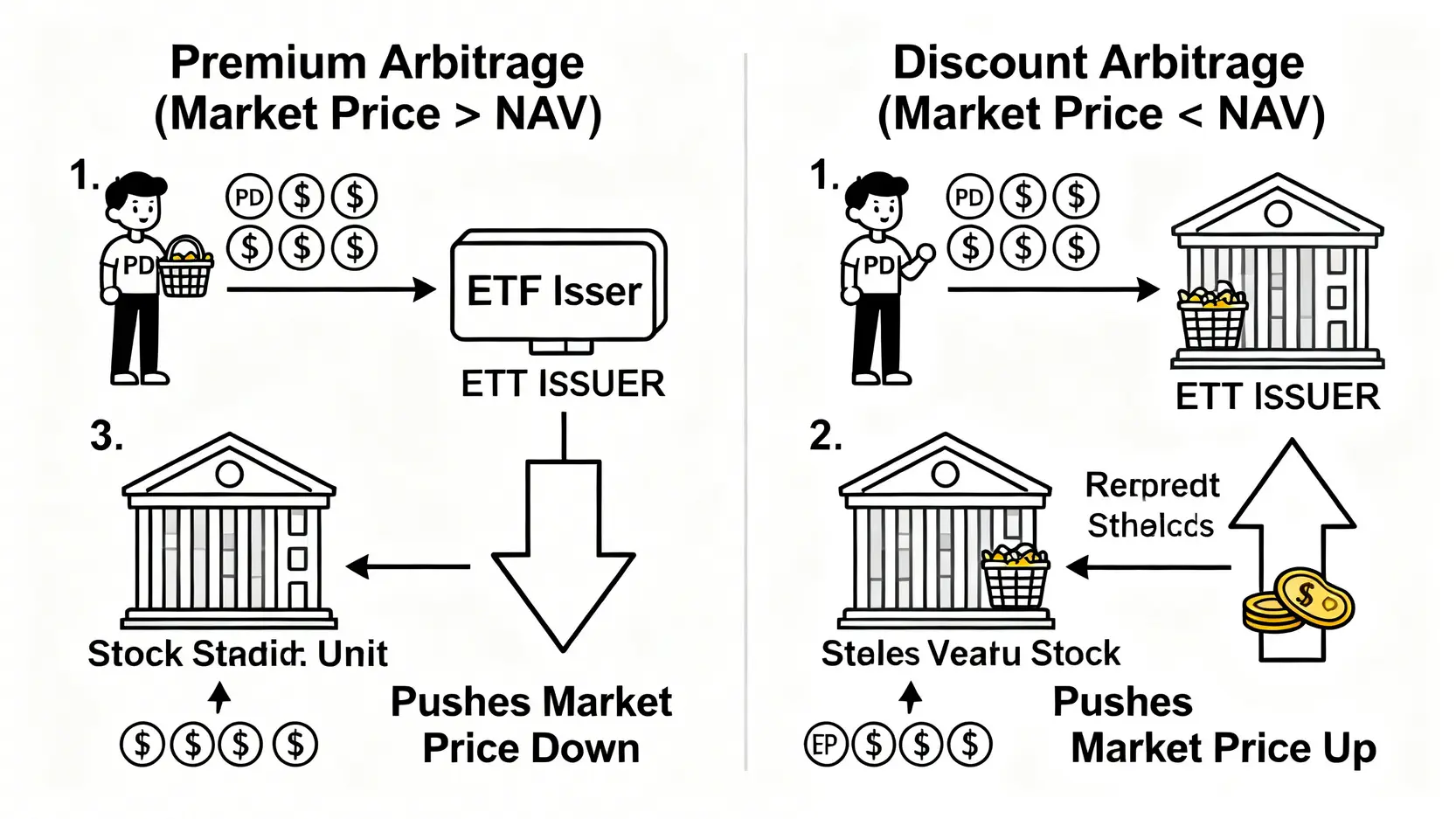 ETF 溢價與折價套利機制對比圖。