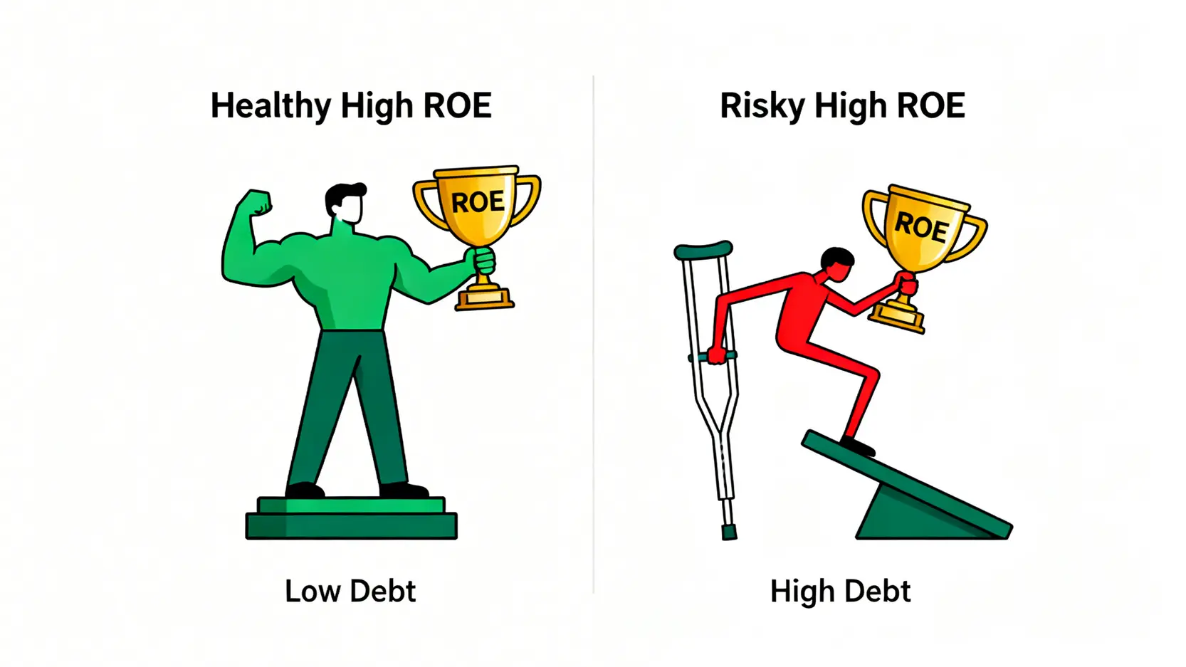 一张对比图,说明健康的低负债高 ROE 与危险的高负债高 ROE 之间的分别。