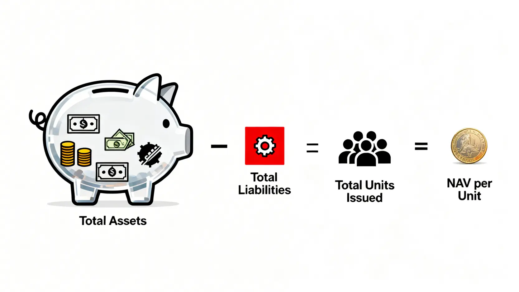 基金单位净值 NAV 计算公式的图解，显示总资产减去总负债后，再除以总发行单位数，得出每单位的净值。