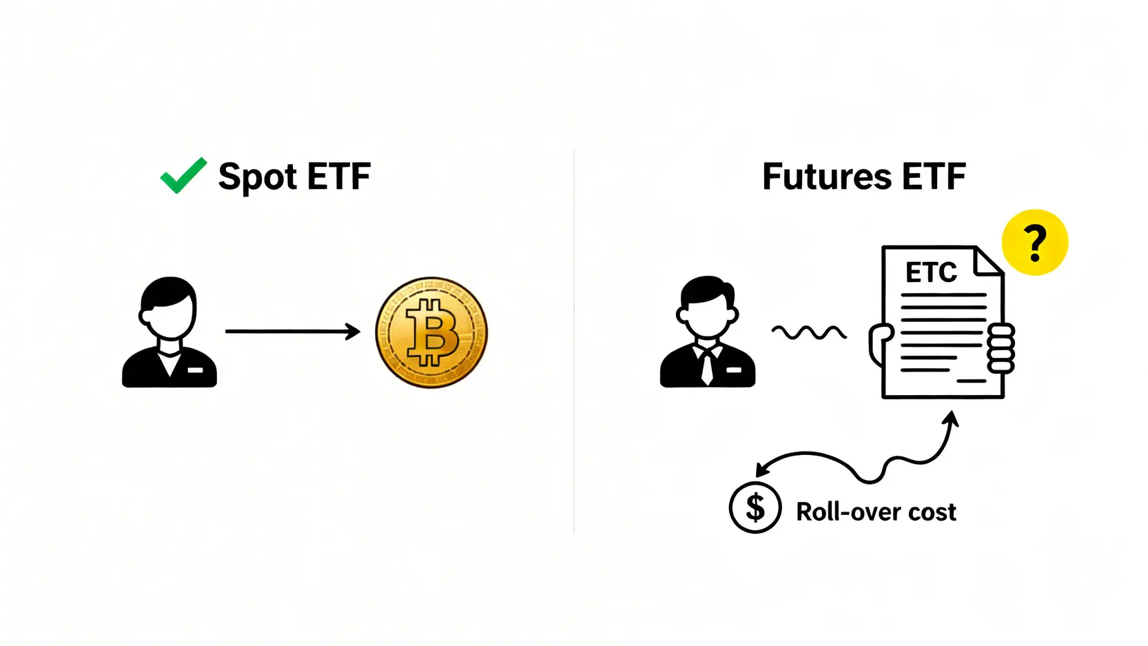 現貨比特幣ETF與期貨比特幣ETF的對比圖，展示了現貨ETF直接持有比特幣而期貨ETF持有合約的區別。