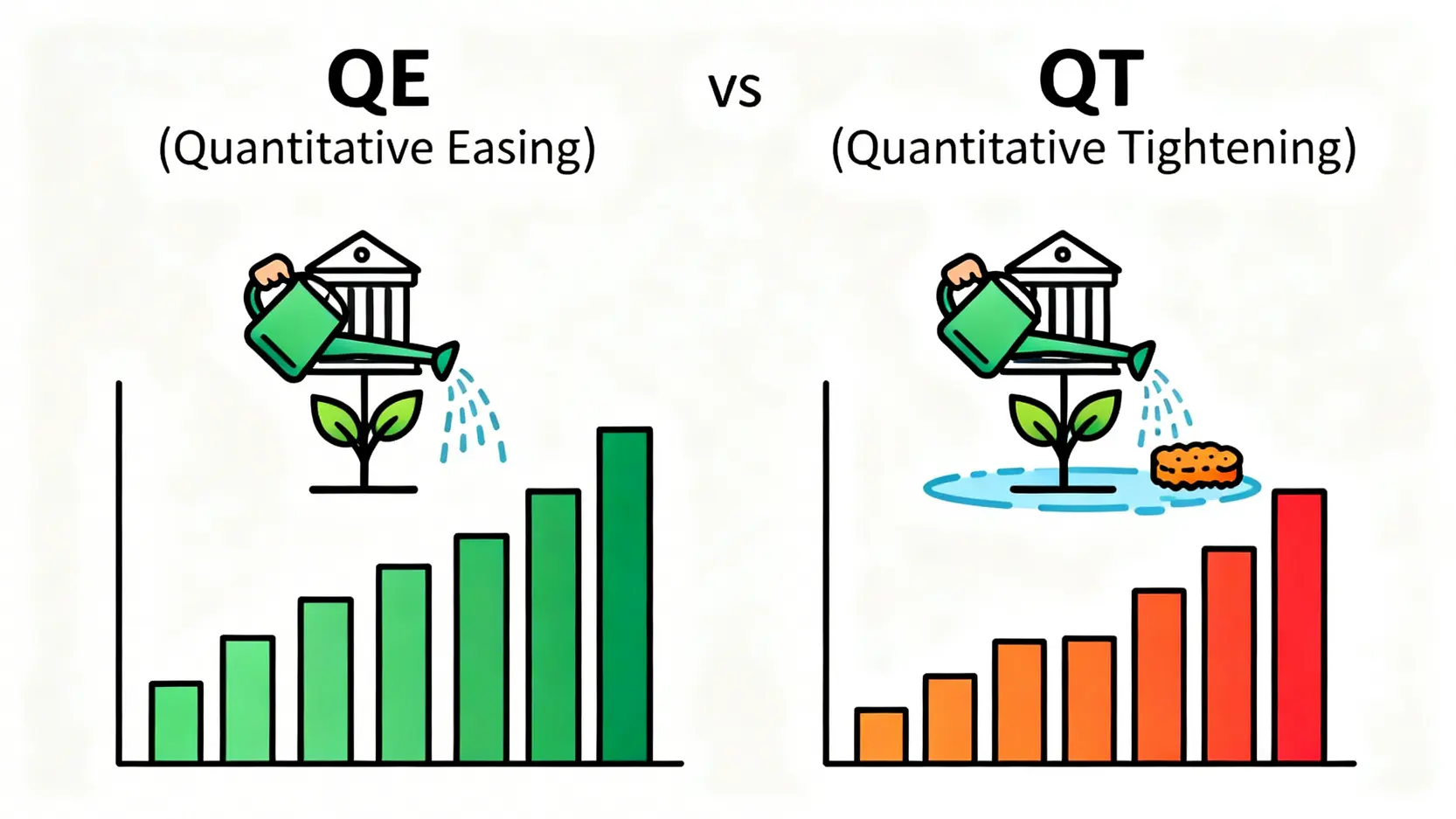 量化寬鬆QE與量化緊縮QT的對比圖，顯示QE是放水刺激經濟，而QT是抽水抑制通膨。