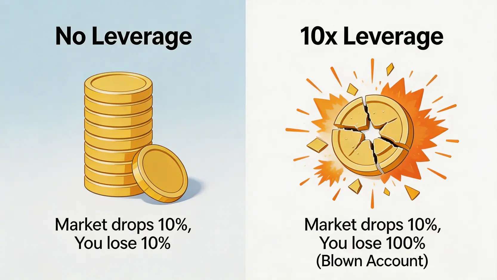 一张对比图，显示在市场下跌10%时，无杠杆交易仅损失10%，而10倍杠杆交易则会损失100%，导致爆仓。