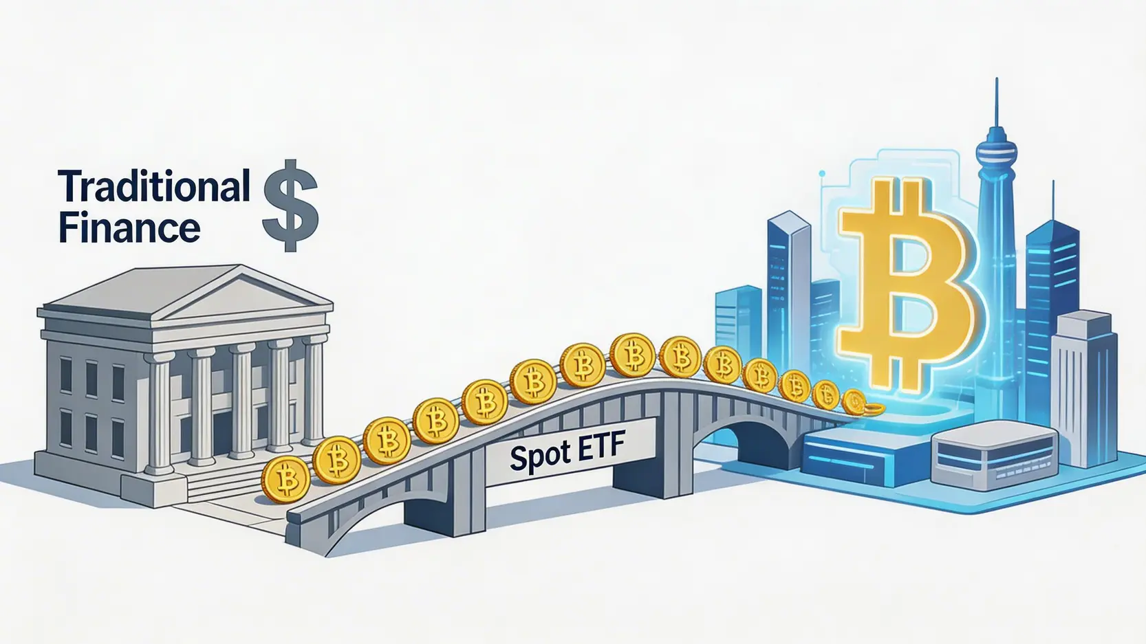 一張概念圖，展示比特幣現貨ETF作為一座橋樑，將傳統金融的資金引入加密貨幣市場。