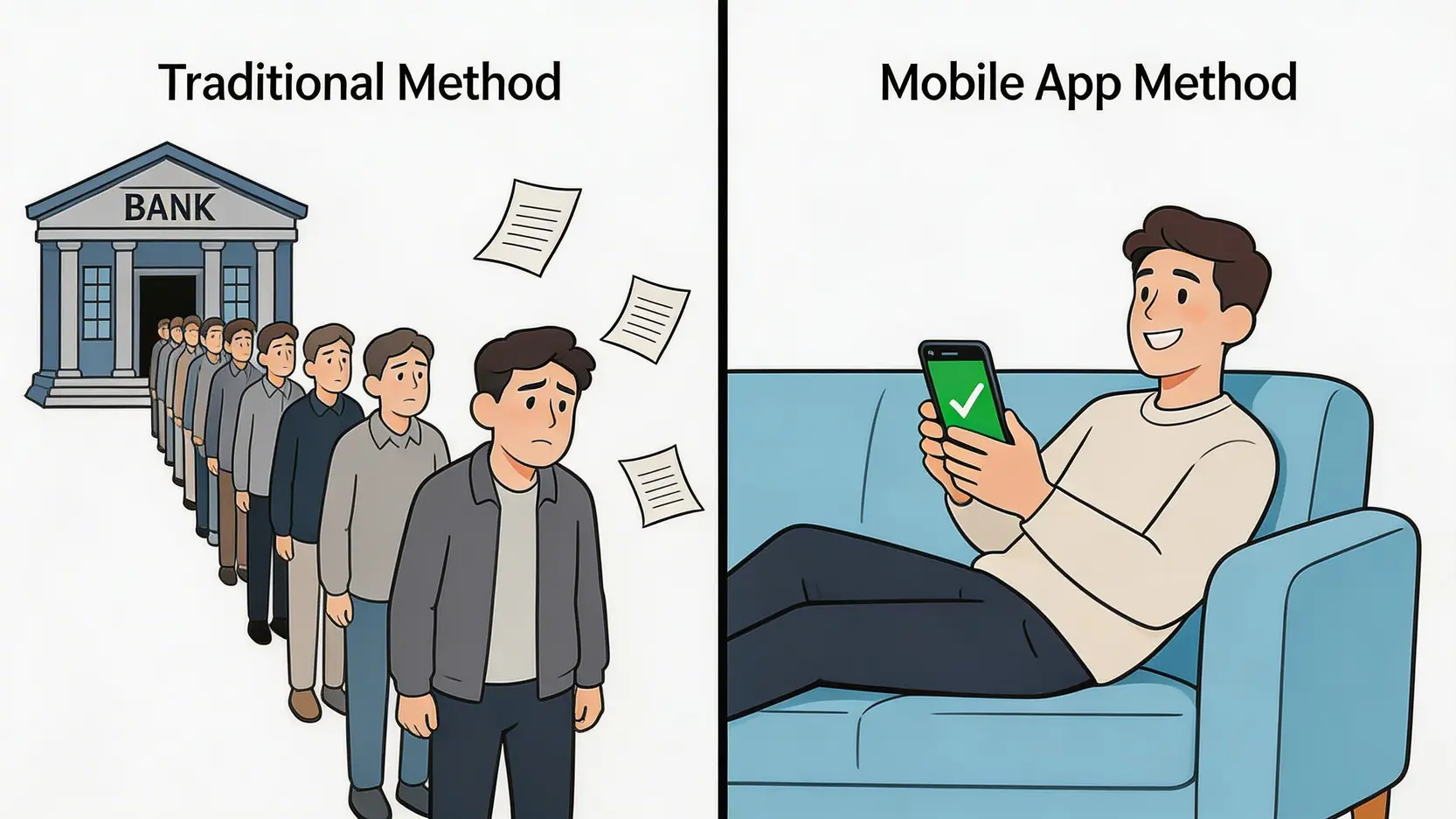传统开户与手机 App 开户的对比图,显示手机开户更为方便快捷。