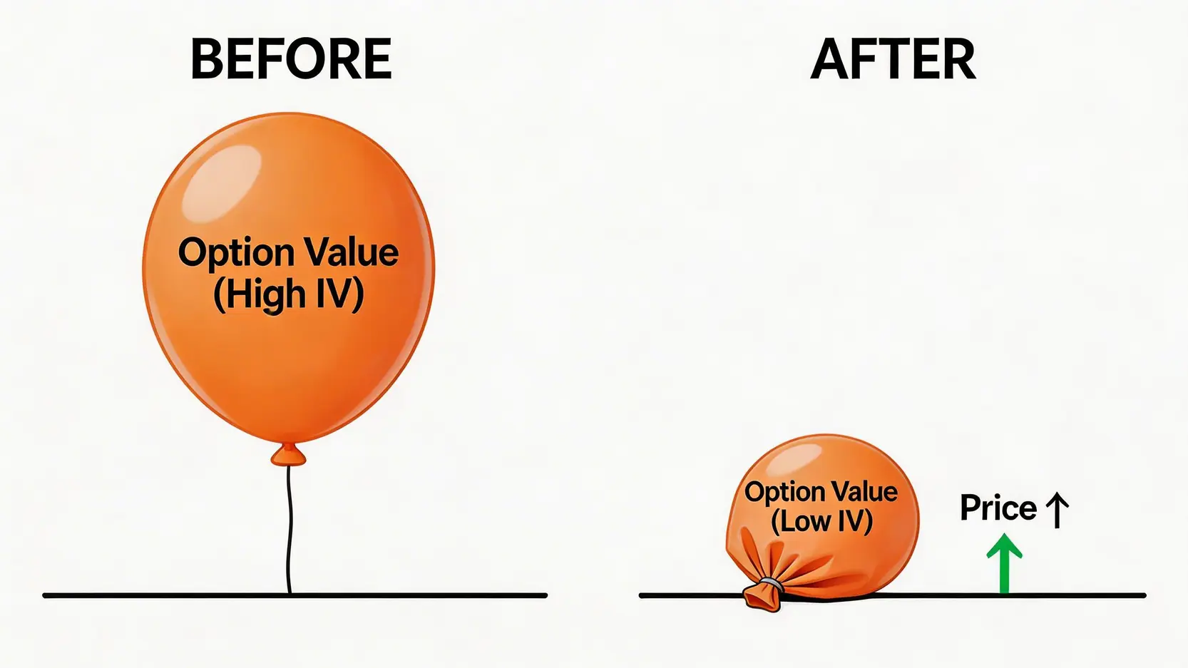 IV Crush 示意圖，事件前後期權價值因隱含波動率崩跌而大幅縮水