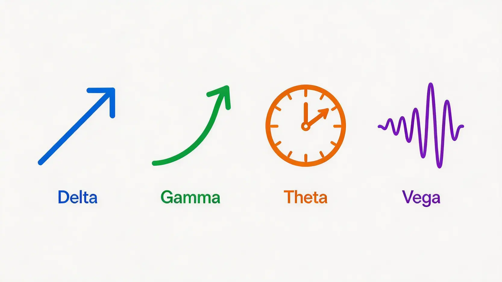 四個期權希臘字母(Delta, Gamma, Theta, Vega)的概念圖標,分別用指向上方的箭頭、加速的曲線、時鐘和波動的線條來表示它們各自的功能。