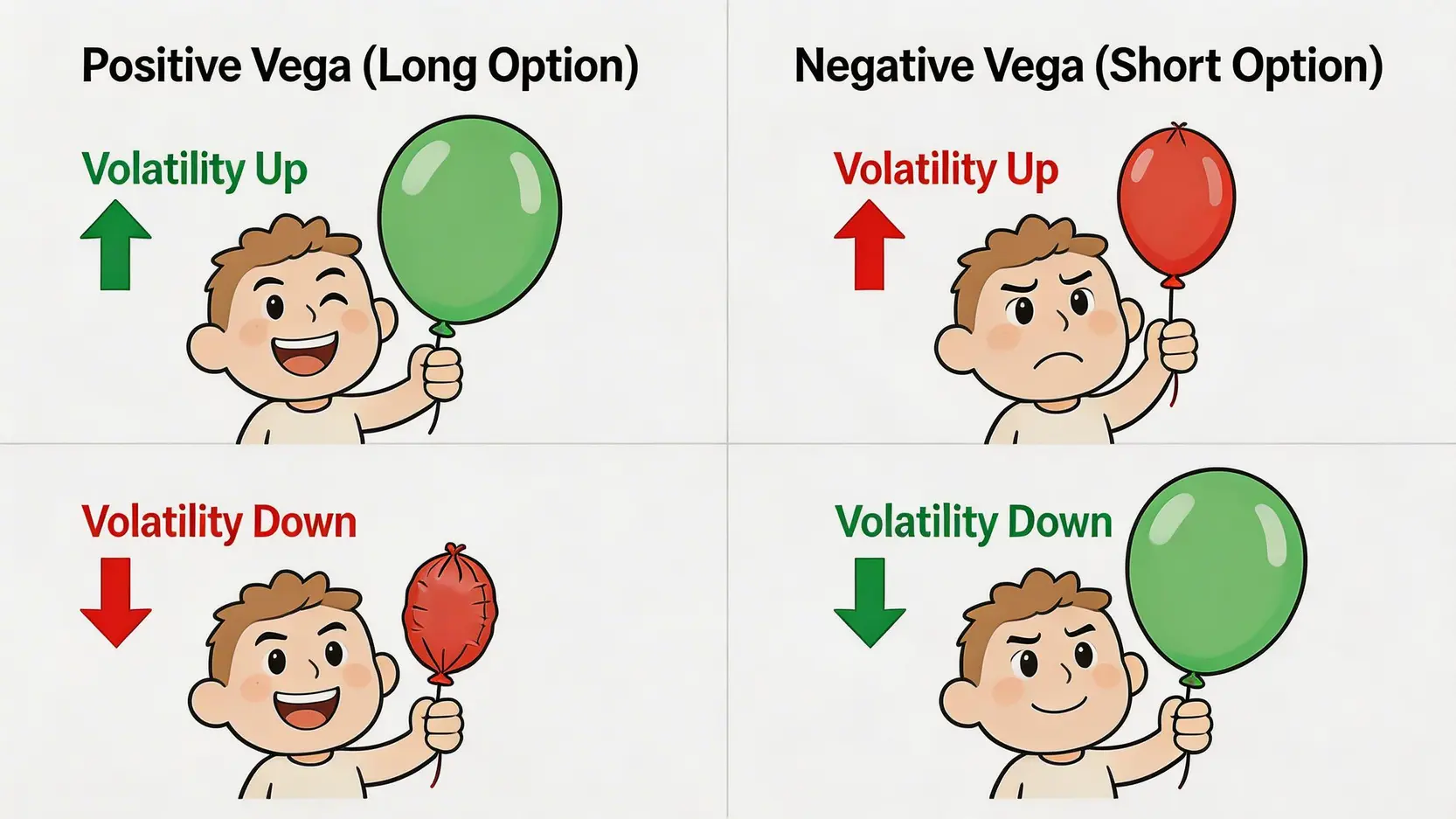 正 Vega 與負 Vega 對比圖。左側顯示正 Vega 倉位在波動率上升時獲利,右側顯示負 Vega 倉位在波動率上升時虧損。