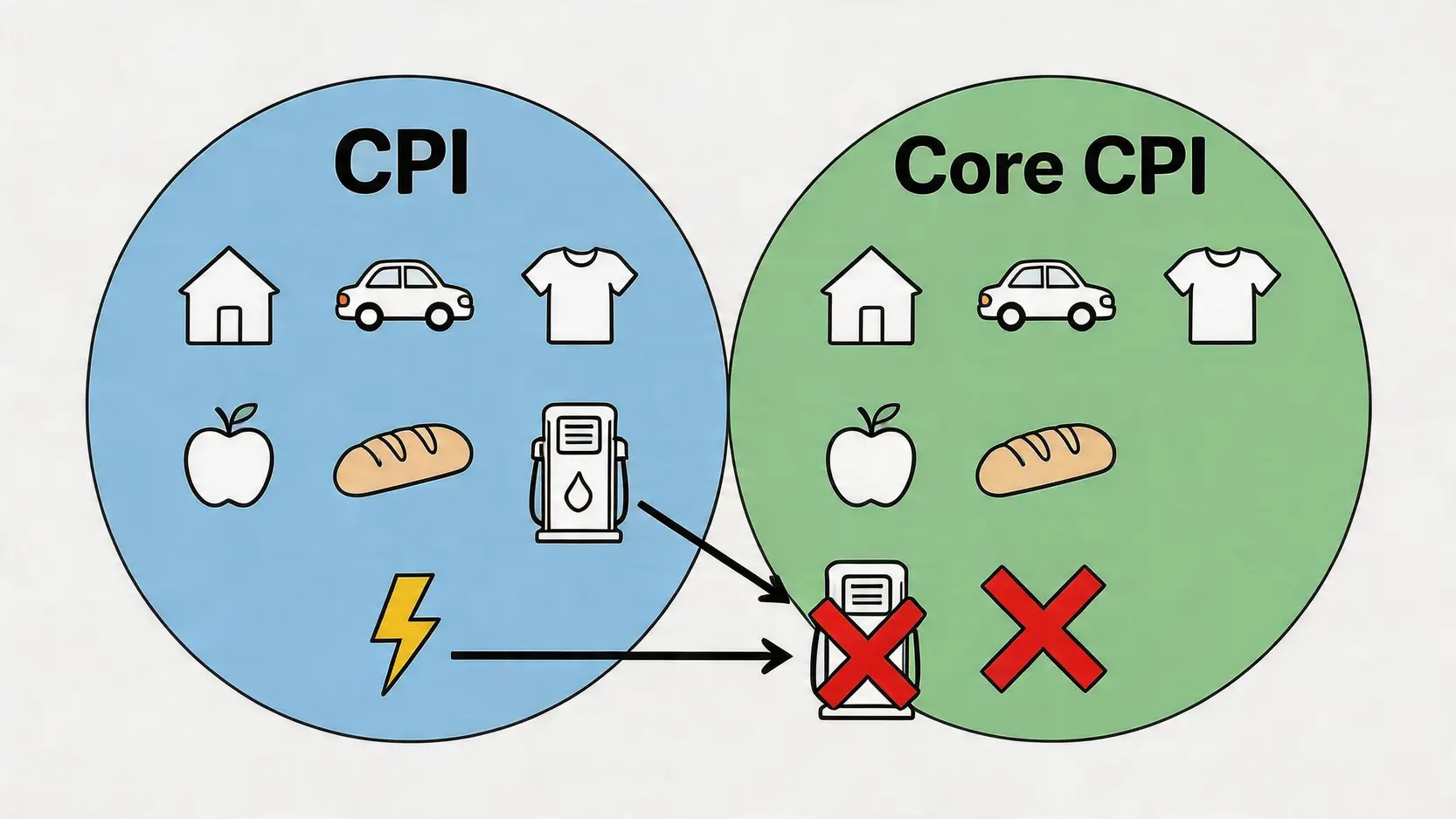 一張對比圖，顯示 CPI 包含所有消費品項，而核心 CPI 則剔除了波動較大的食物與能源項目。