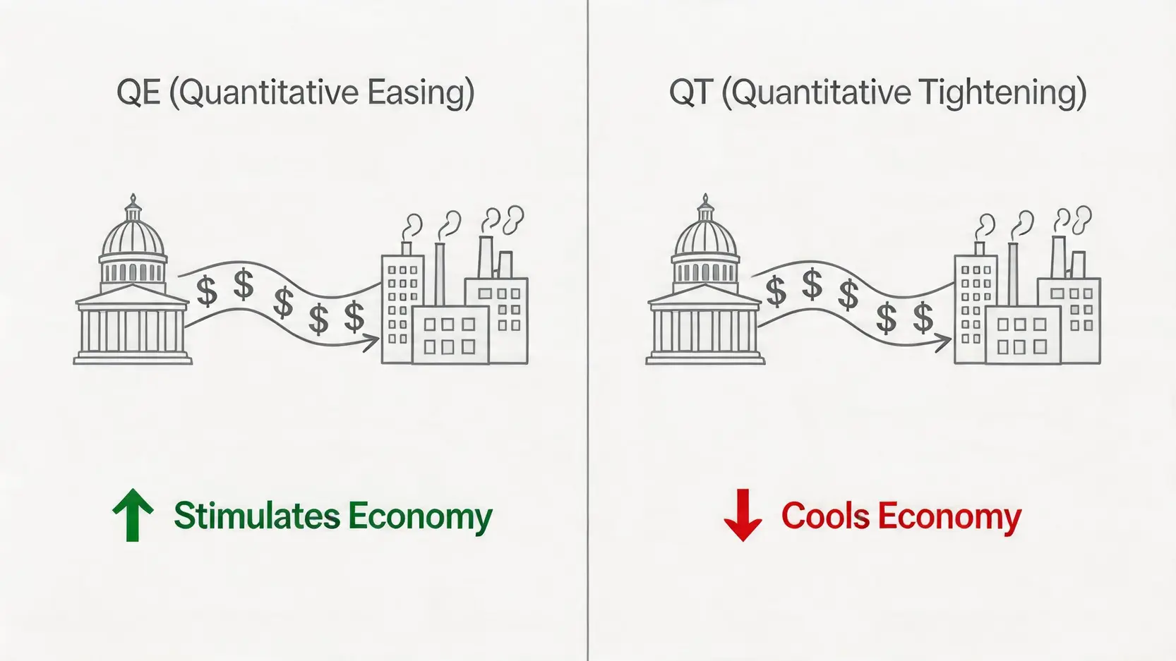 量化宽松 QE 与量化紧缩 QT 的对比示意图，展示了央行如何向市场注入资金或从市场抽回资金来调节经济。