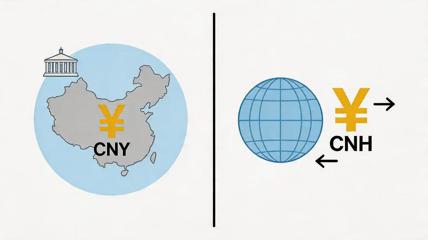 在岸人民币(CNY)与离岸人民币(CNH)的市场区隔示意图,显示了受管制的在岸市场与自由的离岸市场。