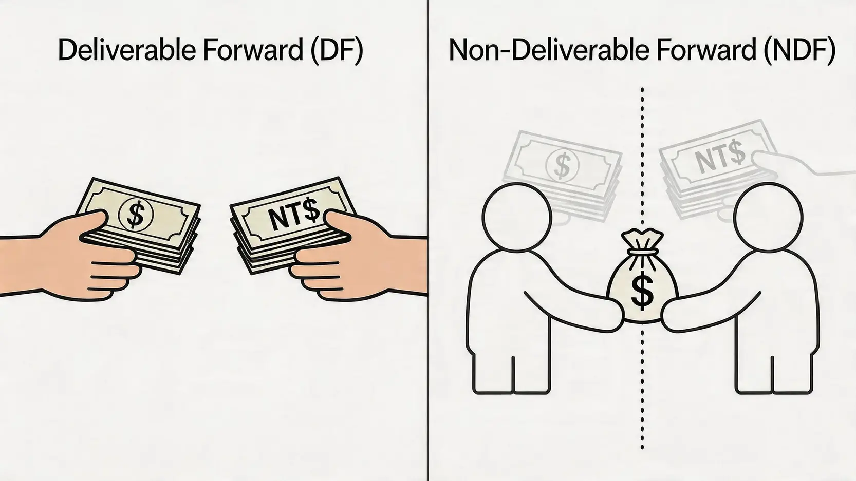 传统远期外汇 DF 与无本金交割远期 NDF 的结算方式对比图,显示了实物交割与现金差额结算的区别。