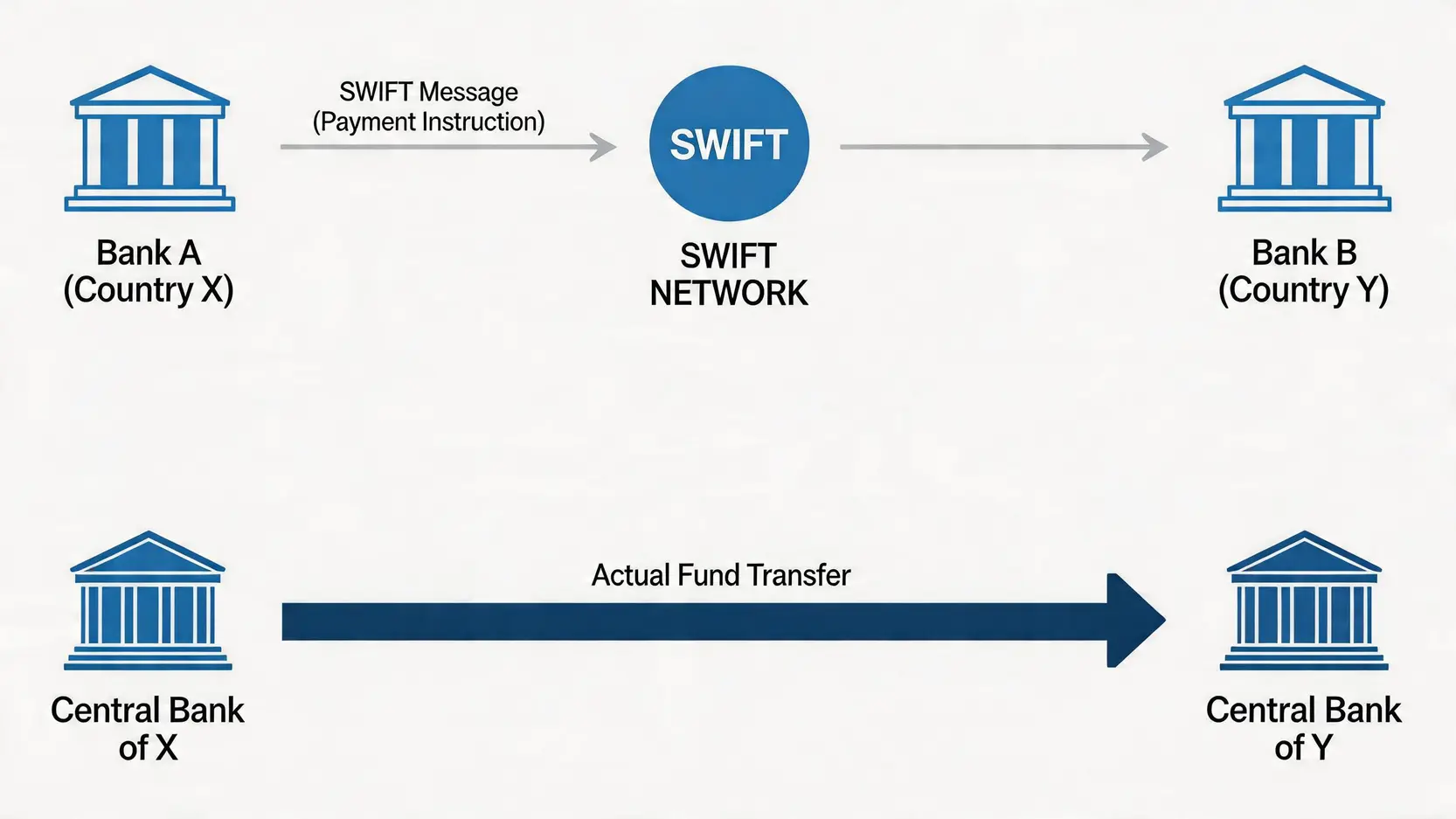 SWIFT系统运作机制示意图，显示其作为银行间的信息传递网络，而非直接的资金转账系统。