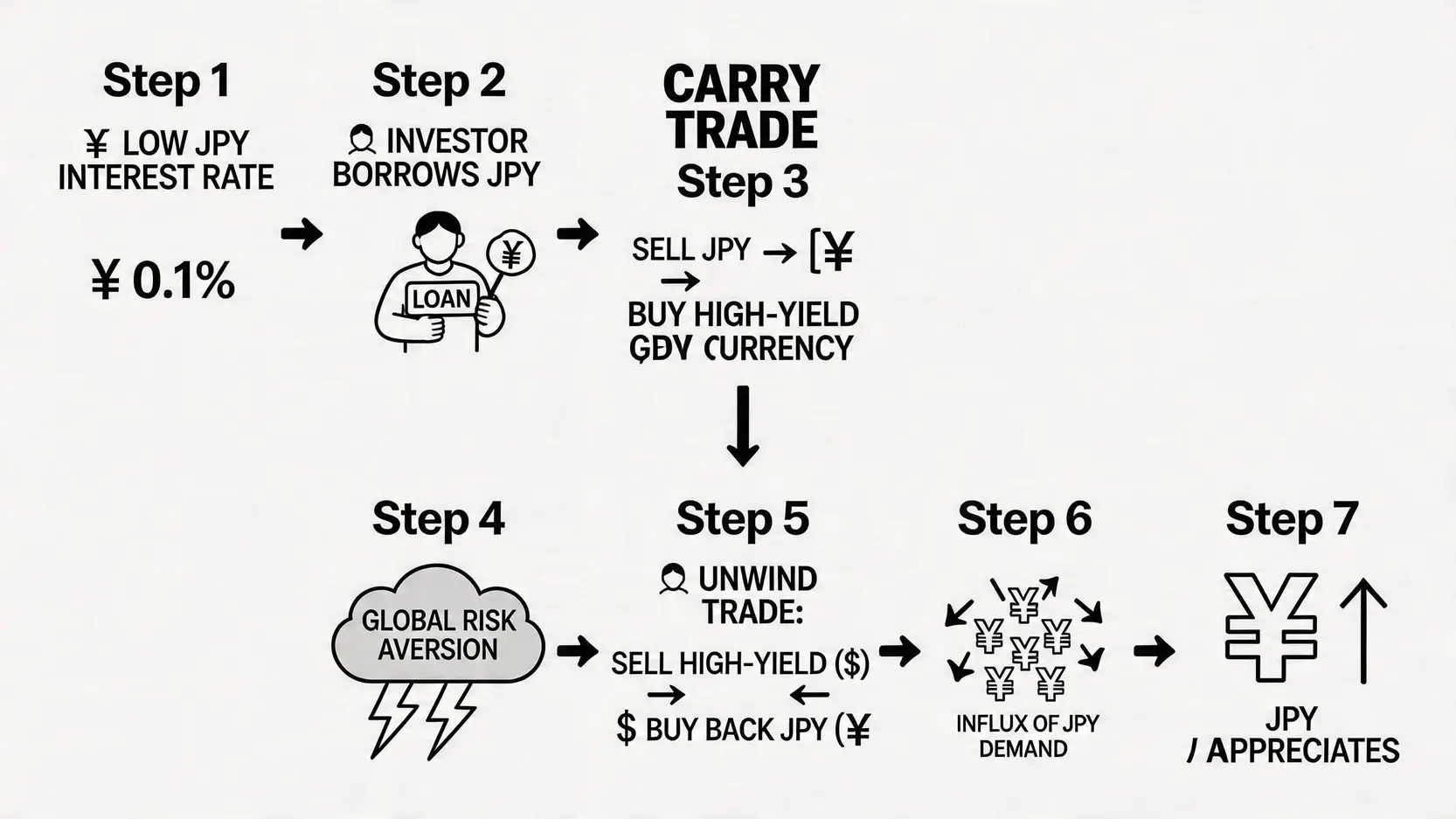 日元利差交易避险机制流程图，展示投资者如何借入低息日元，并在风险发生时回补仓位导致日元升值。