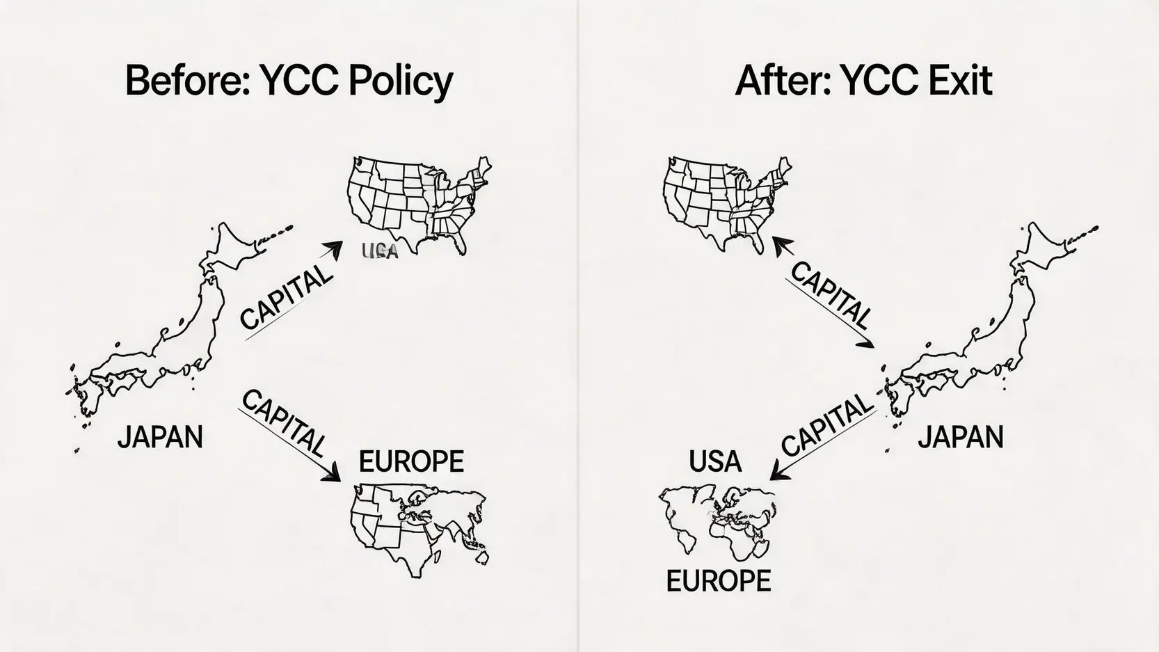 日本央行結束 YCC 政策對全球資金流動的影響示意圖，顯示資金從海外市場回流日本的趨勢。