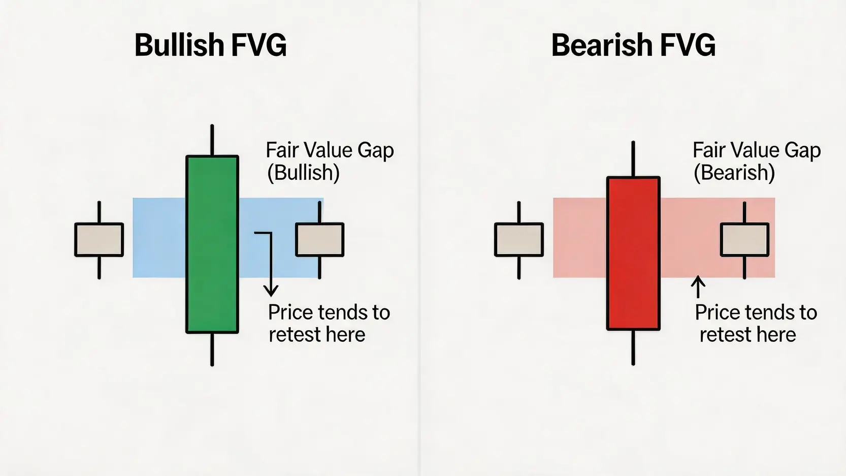 一张图解，对比看涨公平价值缺口（Bullish FVG）和看跌公平价值缺口（Bearish FVG）的形成方式。