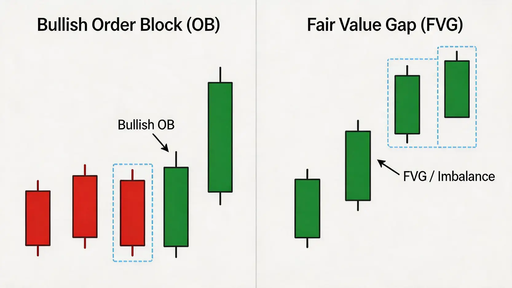 SMC 概念图解,展示了 K 线图上的看涨订单块(Order Block)和公允价值缺口(FVG)的形态。