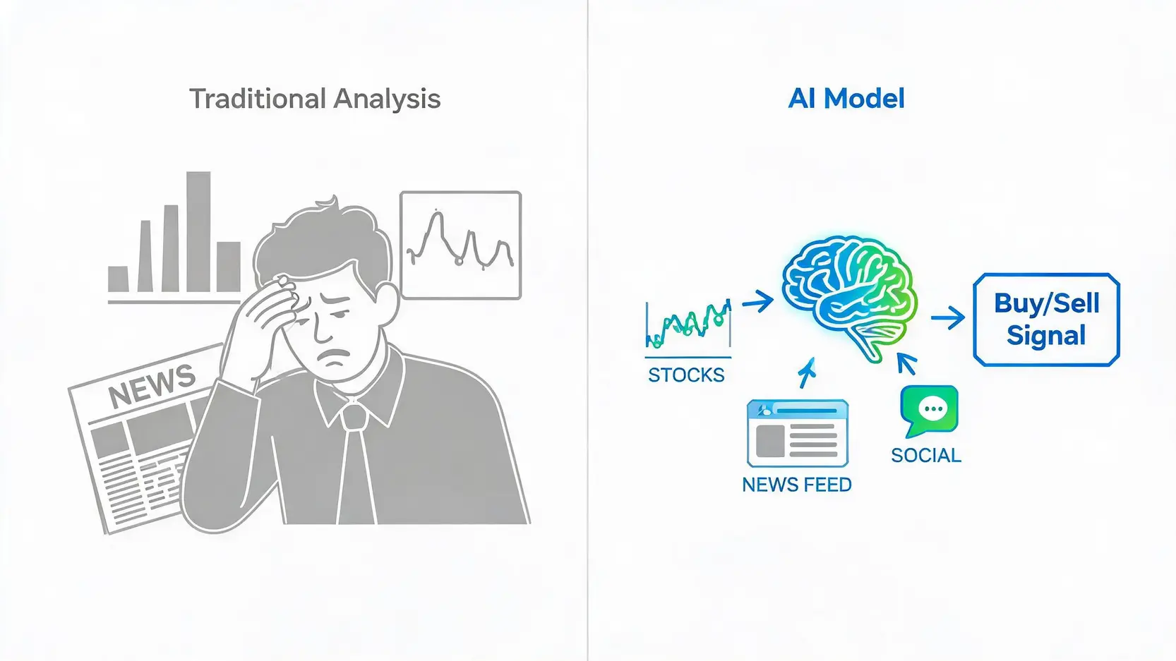 傳統分析與 AI 模型的對比圖，展示了 AI 模型在處理數據廣度、客觀性和模式識別上的優勢。