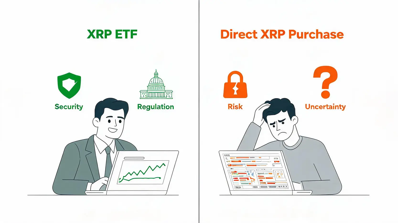 一張對比圖，比較投資 XRP ETF 和直接購買 XRP 的區別。ETF 一側顯示簡單、安全、合規，而直接購買一側則顯示複雜和風險。
