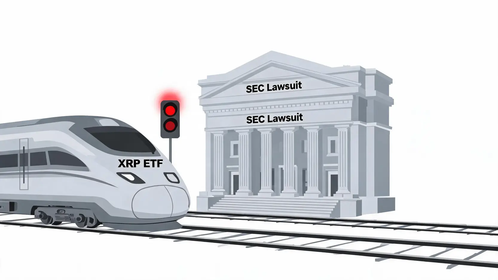 一張概念圖，描繪一列標有「XRP ETF」的火車被一棟名為「SEC 訴訟案」的法院大樓擋住去路，象徵著法律訴訟是其上市的主要障礙。