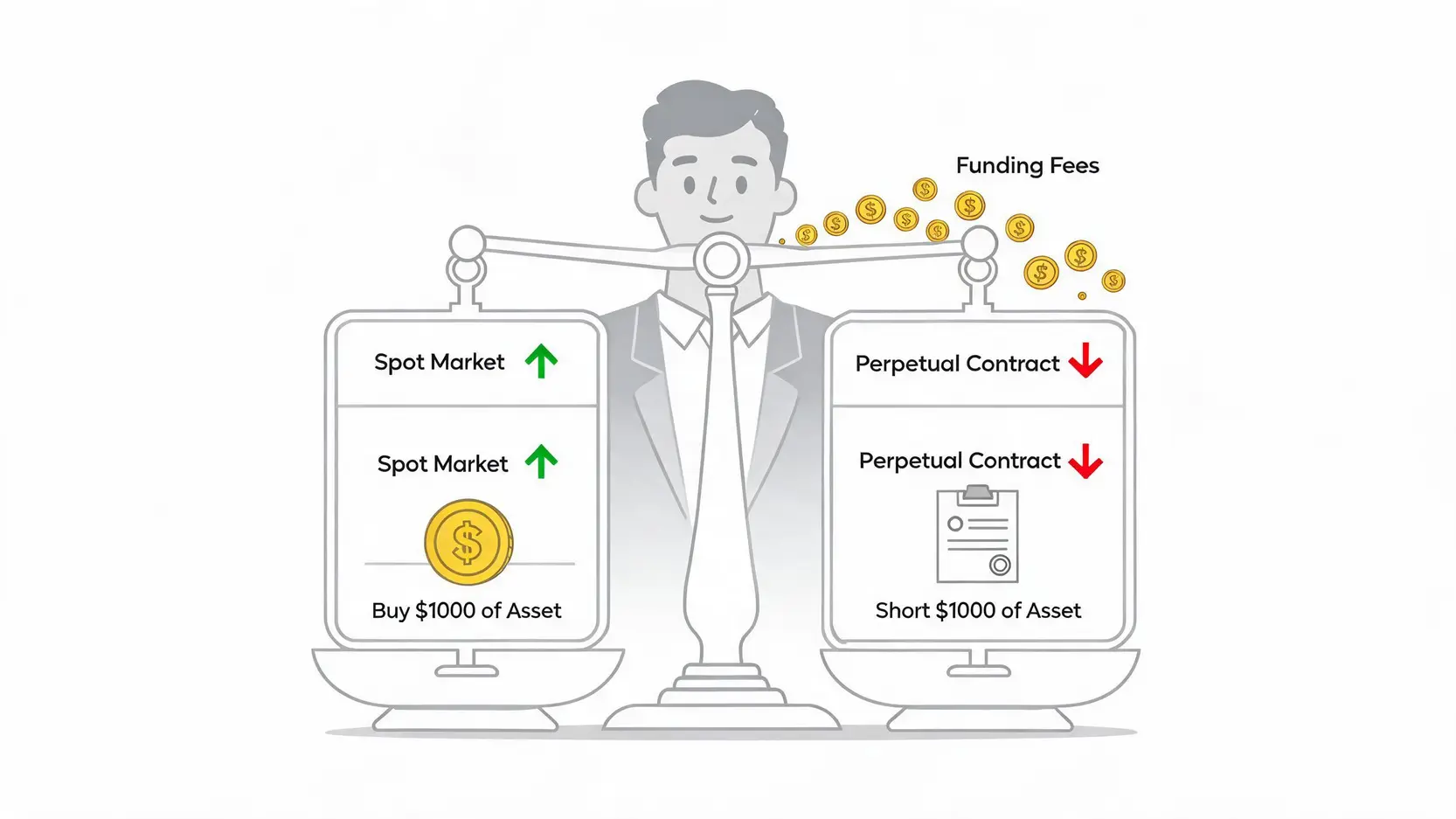負資金費率套利策略示意圖，顯示同時買入現貨並做空等值永續合約以建立市場中性對沖倉位。