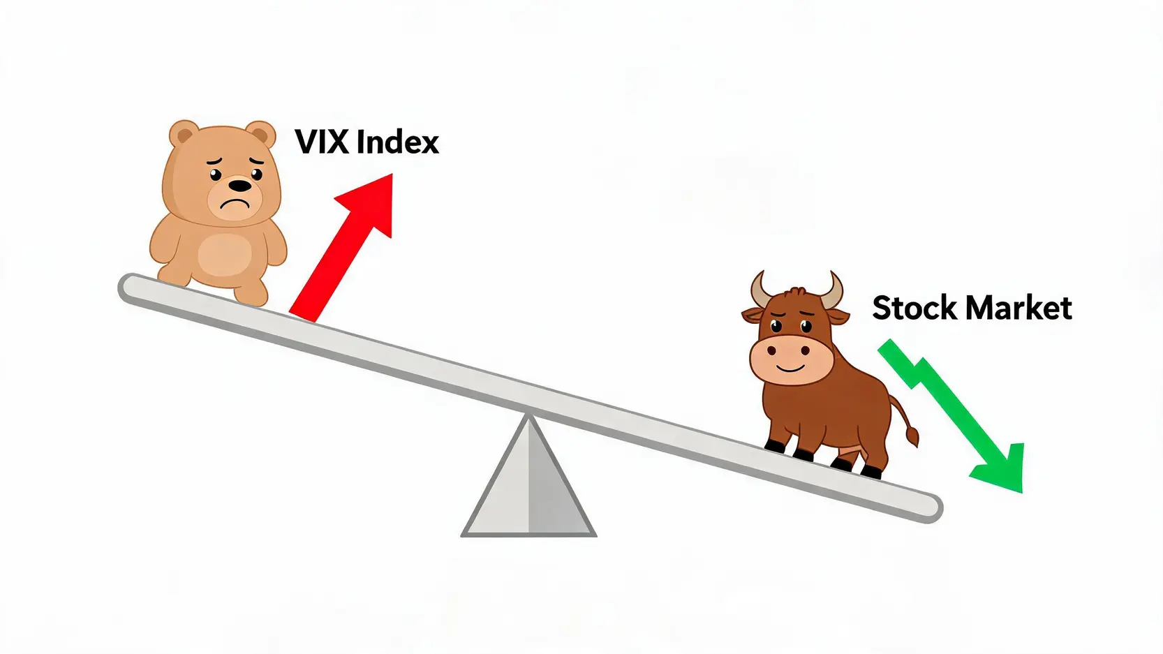 VIX 恐慌指數與股市關係的蹺蹺板示意圖，熊市與高 VIX 在蹺蹺板一端升起，牛市與平穩市場在另一端降下，展示兩者反向關係。
