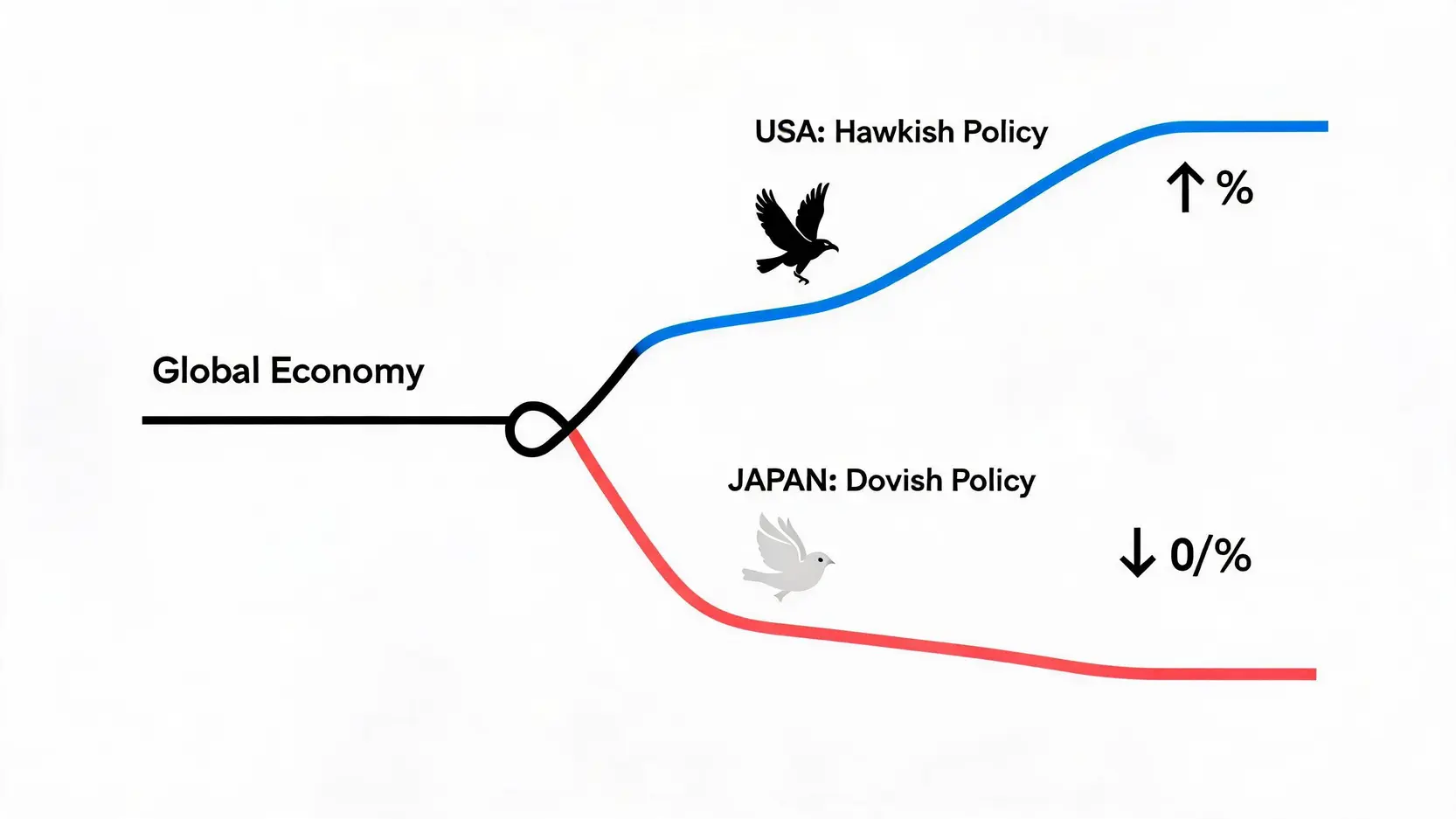 日美貨幣政策分化示意圖,展示美國鷹派升息與日本鴿派寬鬆的對比。