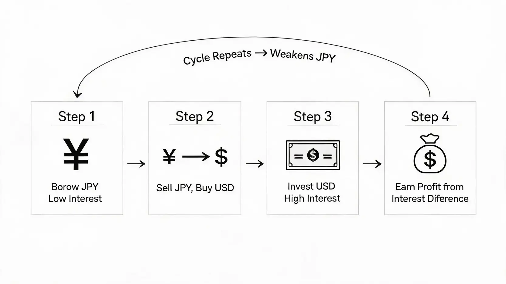 日圓套息交易運作原理的四步驟流程圖。
