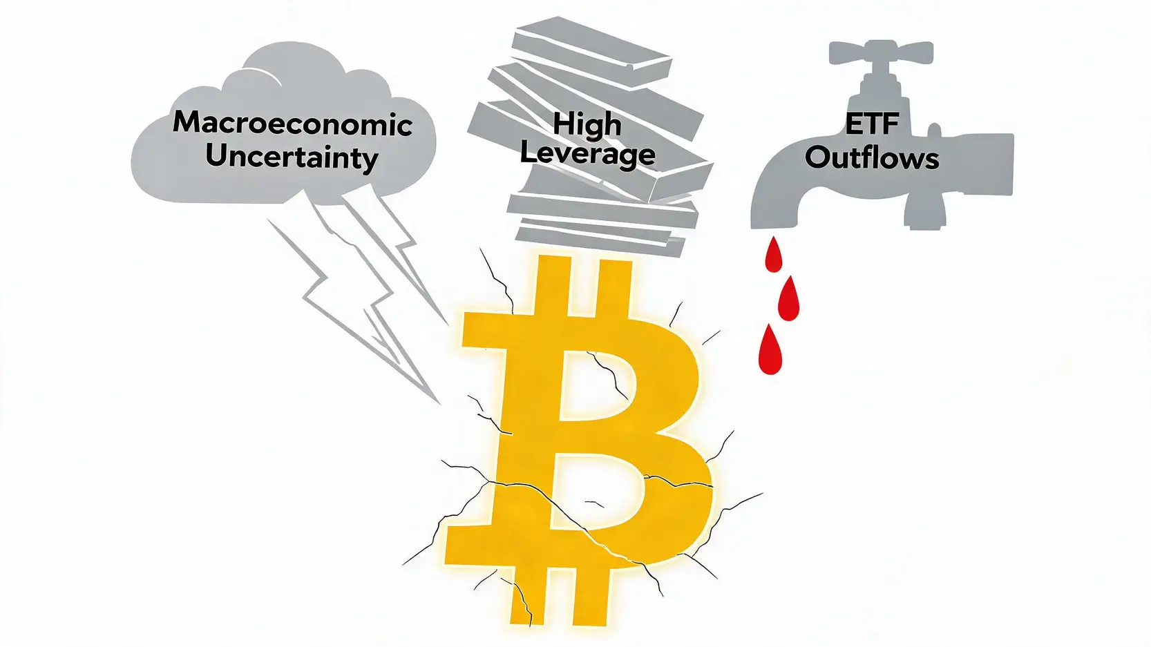 比特幣下跌三大導火線示意圖，包含宏觀經濟、過高槓桿和 ETF 資金流出。