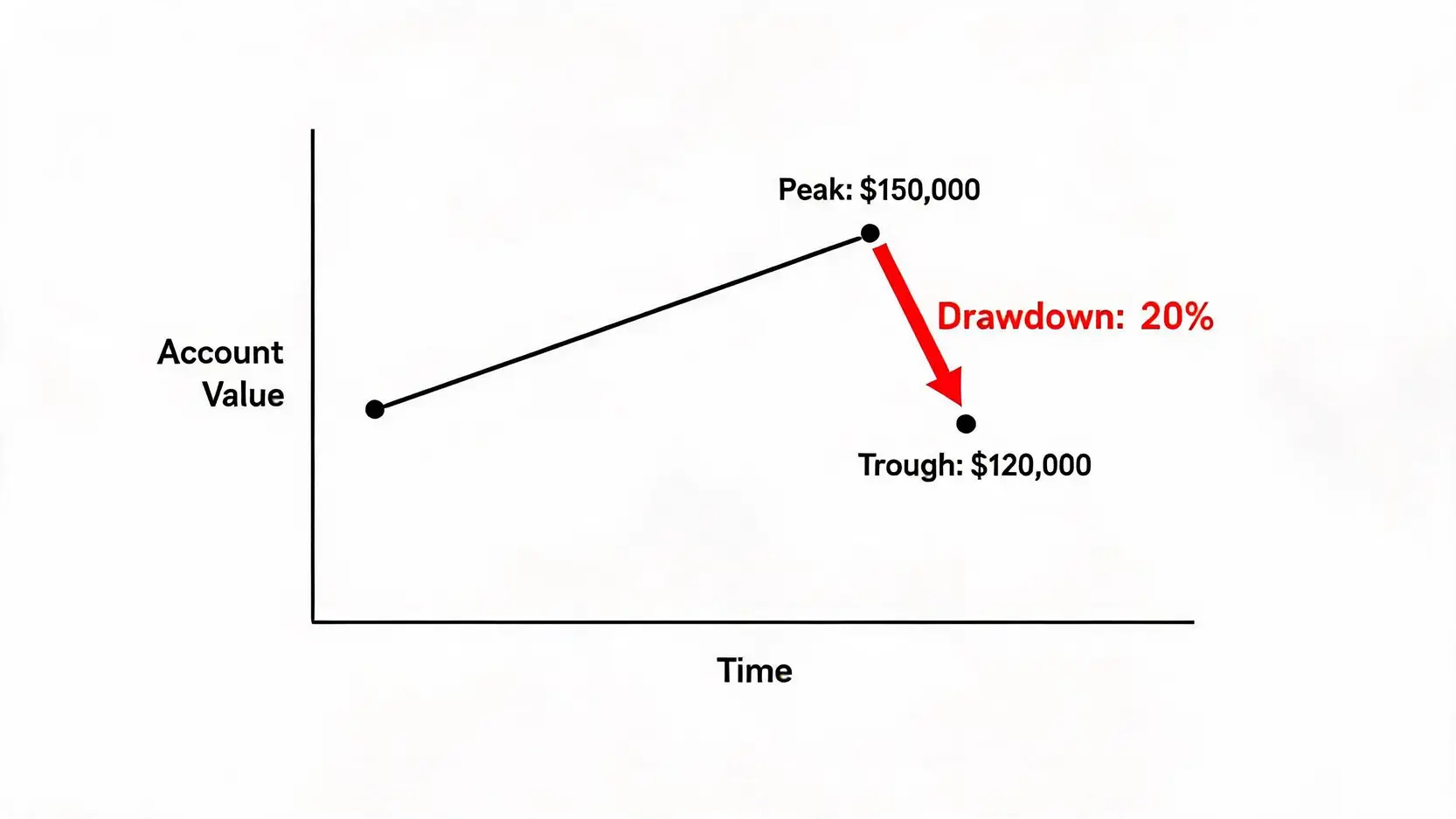 資金回撤(Drawdown)概念示意圖,展示了賬戶資金從最高點回落 20% 到最低點的過程。