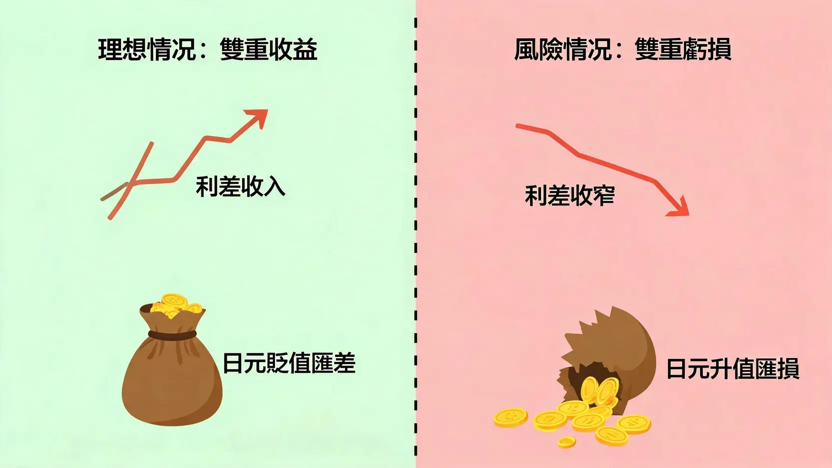 日元利差交易的風險與回報對比圖,一邊是獲利的雙重收益情境,另一邊是虧損的雙重虧損風險。