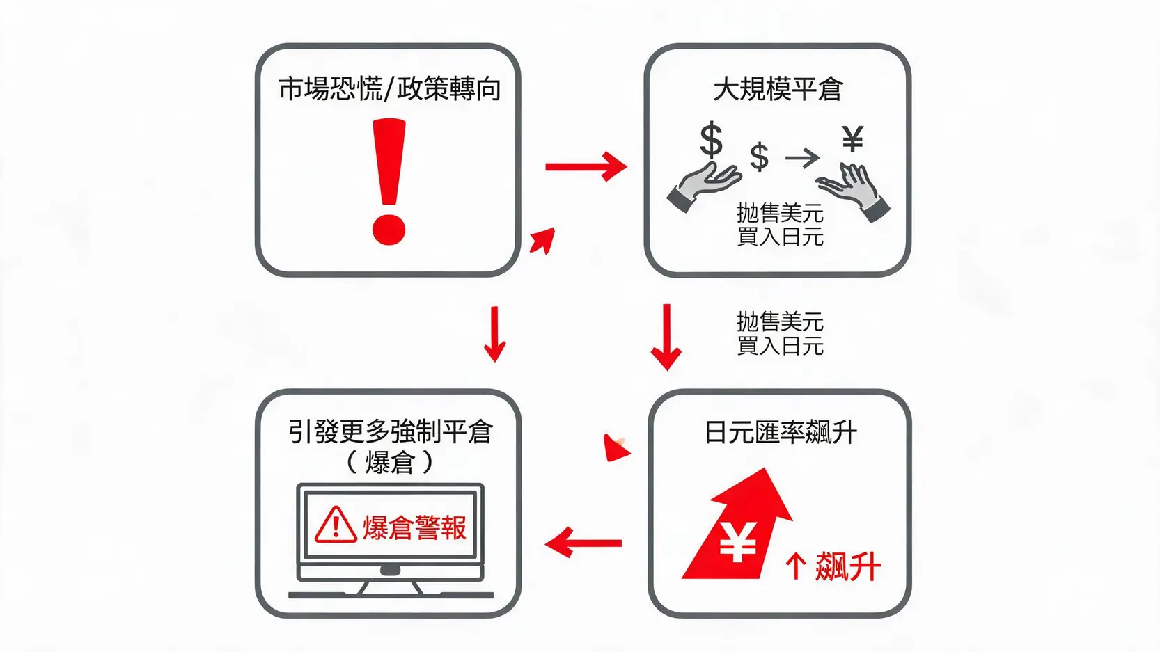 利差交易拆倉引發的死亡螺旋循環圖,展示了市場恐慌如何導致日元升值並觸發更多強制平倉的惡性循環。