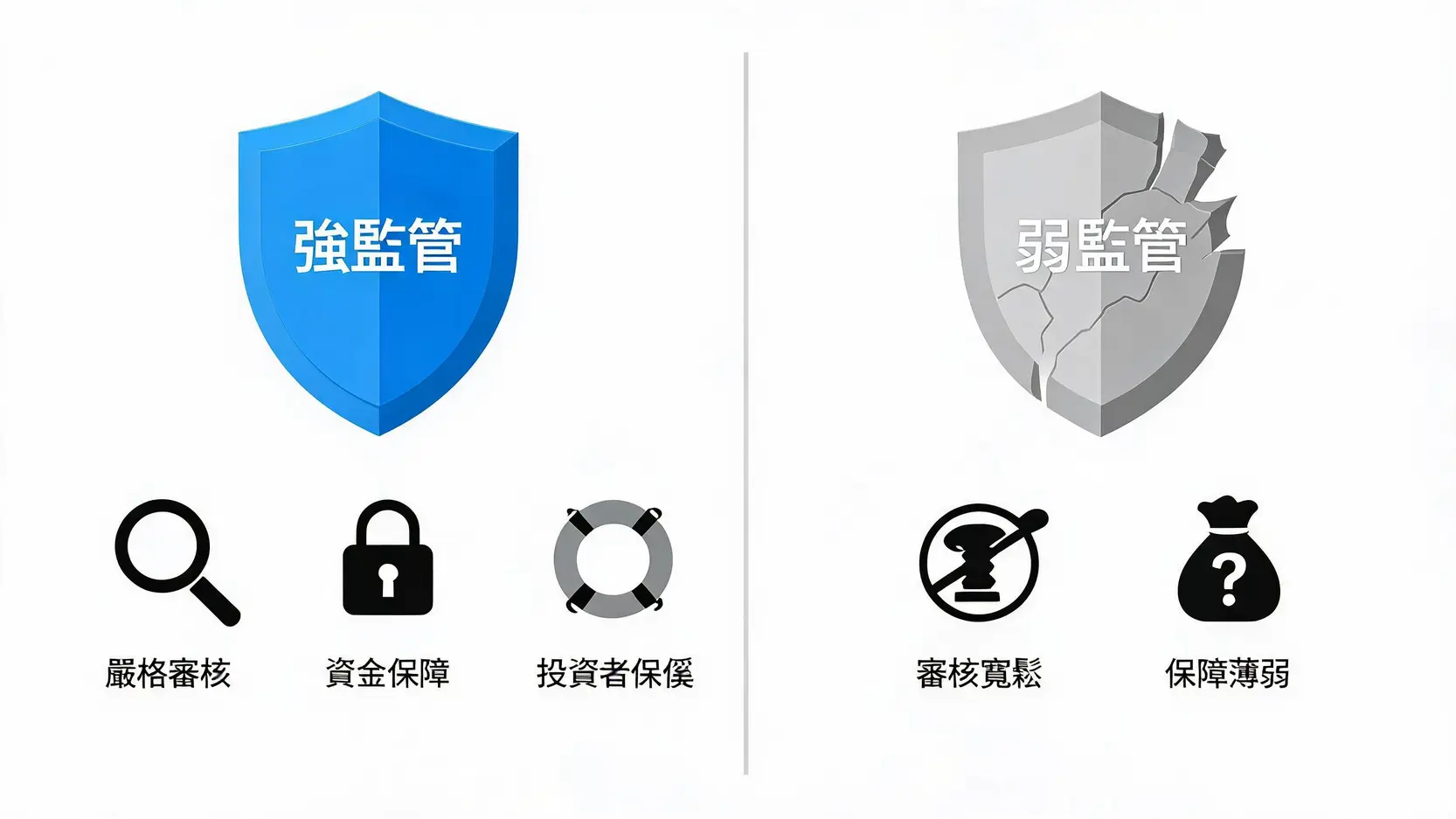 一张对比图,显示强监管(如 FCA)与弱监管(离岸岛国)牌照在外汇平台安全性上的差异。