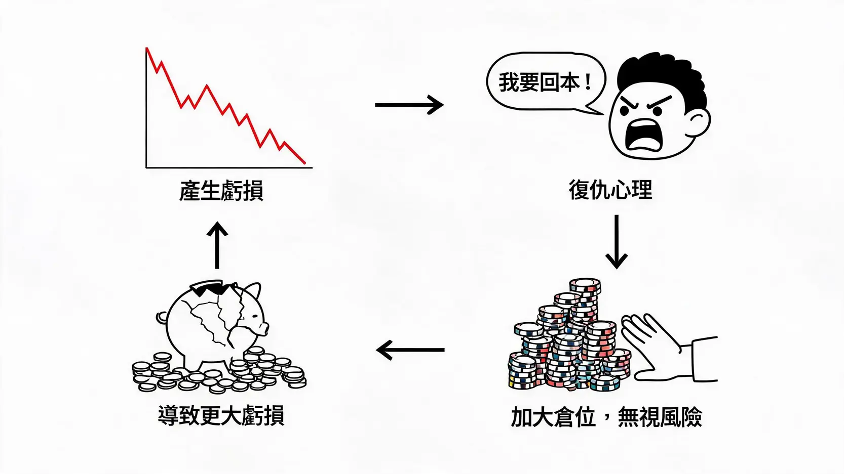 復仇式交易的惡性循環流程圖，從產生虧損到復仇心理，再到加大倉位，最終導致更大虧損。