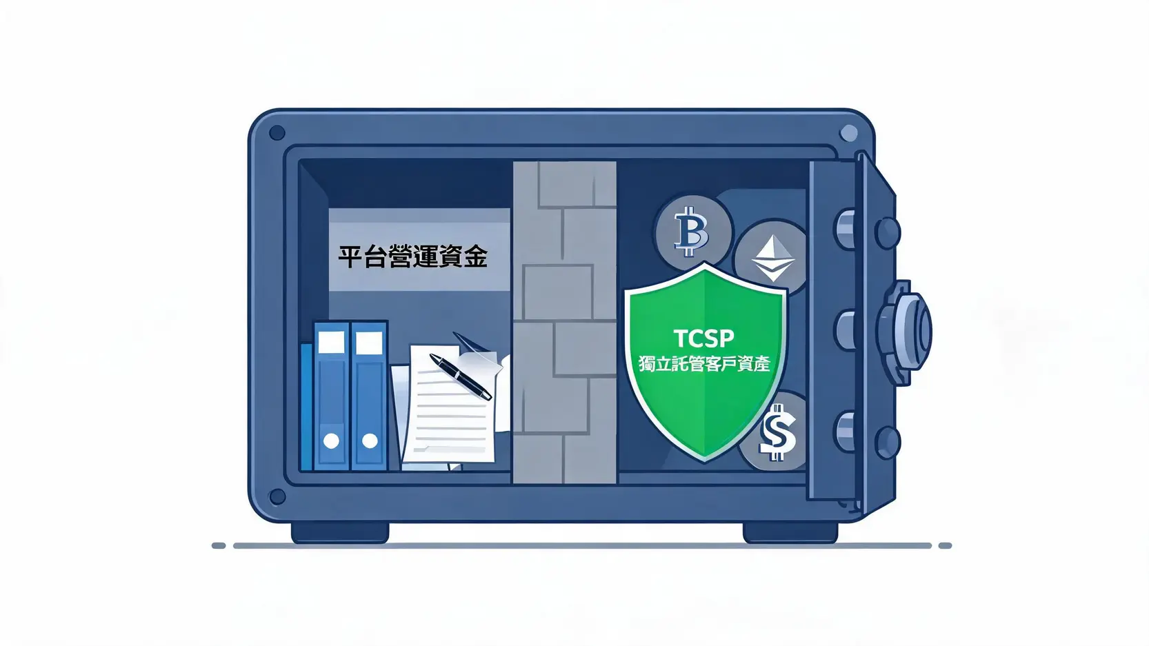 虛擬資產交易平台客戶資產100%獨立託管與TCSP信託機制示意圖