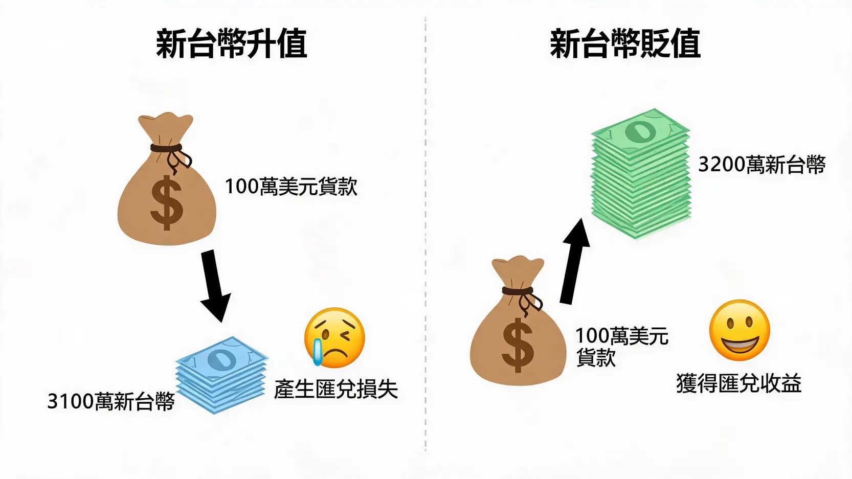 一張圖表解釋匯率波動對出口商的影響，展示新台幣升值導致匯兌損失，貶值則帶來匯兌收益。