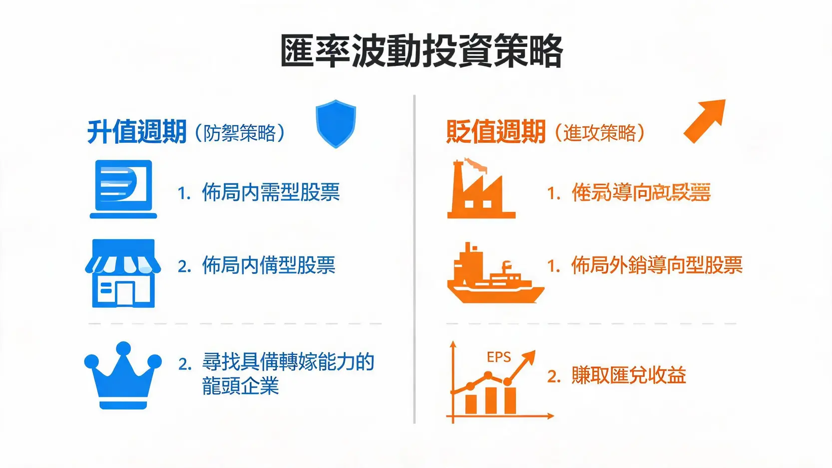 圖表對比新台幣升值與貶值週期下的投資策略，升值期採取防禦策略，貶值期採取進攻策略。