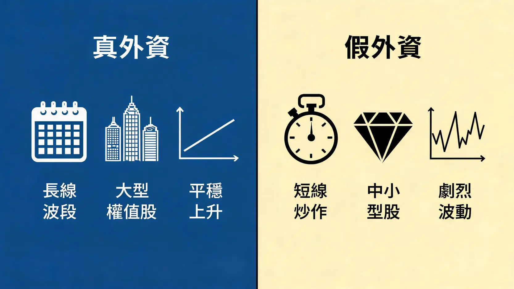 真外资与假外资的比较图，从投资周期、标的类型和操作手法上进行区分。